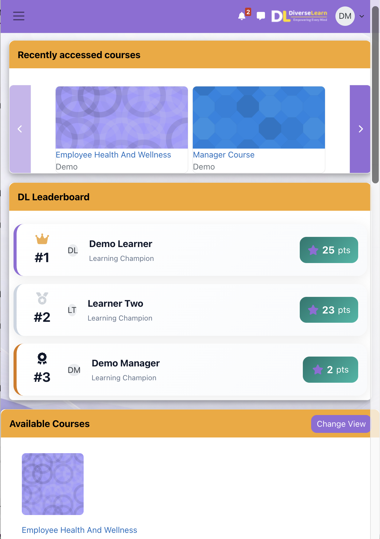 Diverse Learn LMS dashboard